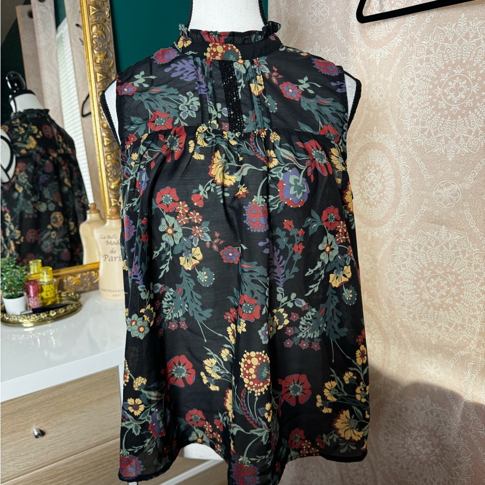 Dark Cottagecore Floral Sleeveless Top Ruffled Mockneck Collar Twee Retro Sz Lg